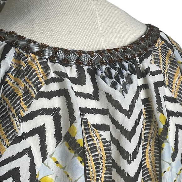 Hale Bob Black /White / Yellow Animal Print 100% Silk Beaded V Neckine Blouse Sm - Picture 15 of 16